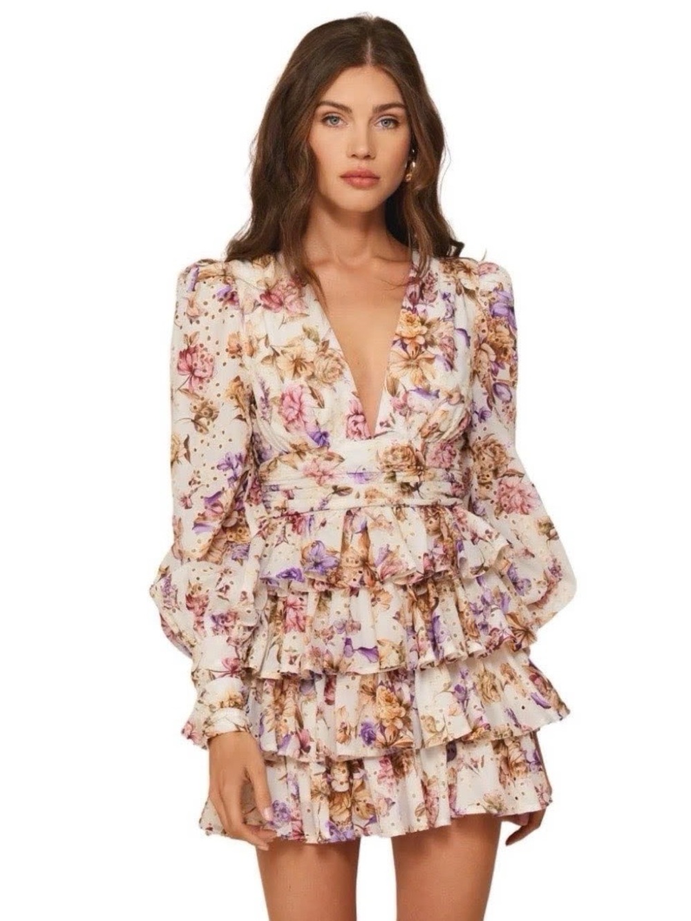 Line & Dot Floret Tiered Ruffle Floral Mini Dress Women Size M